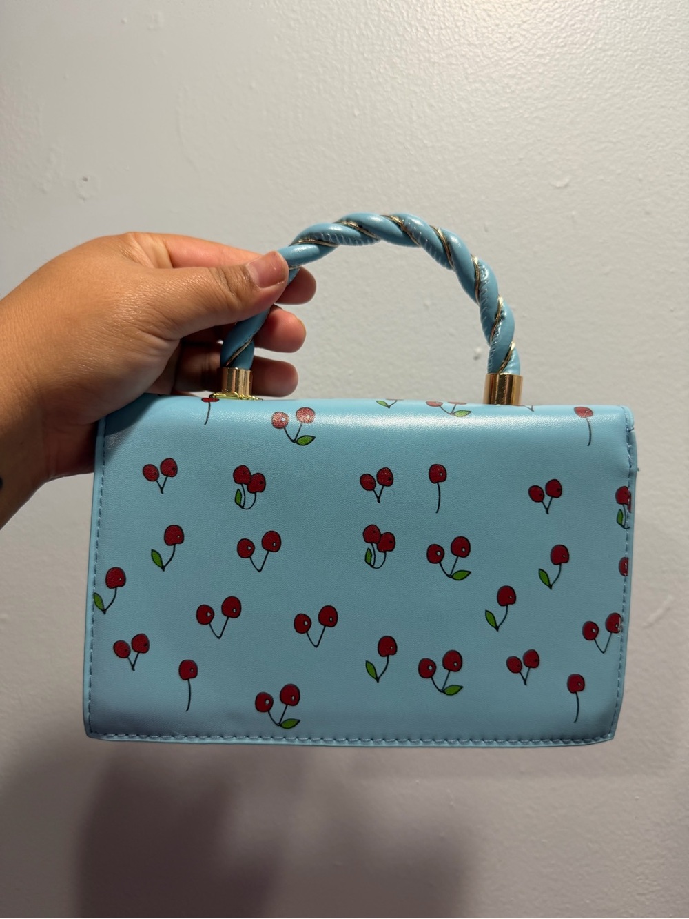 Sky Blue Cherry Print Top-Handle Bag - Picture 3 of 5
